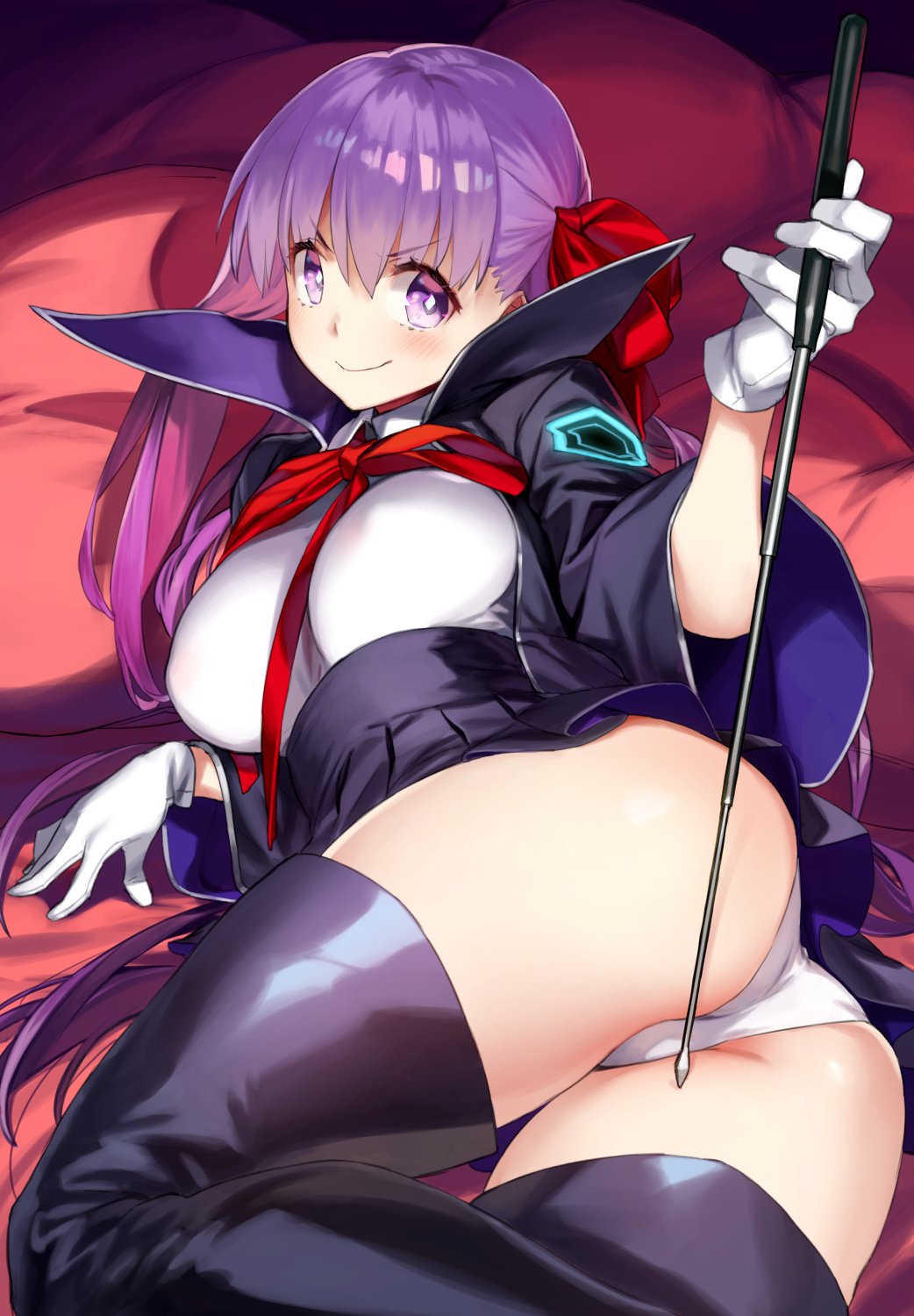 1girl 92m ass bangs bb_(fate)_(all) bb_(fate/extra_ccc) black_coat black_skirt blush breasts closed_mouth coat fate/extra fate/extra_ccc fate_(series) gloves hair_ribbon high-waist_skirt highres holding holding_wand large_breasts leotard long_hair long_sleeves looking_at_viewer lying neck_ribbon on_side open_clothes open_coat popped_collar purple_hair red_ribbon ribbon skirt smile thighs very_long_hair violet_eyes wand white_gloves white_leotard wide_sleeves