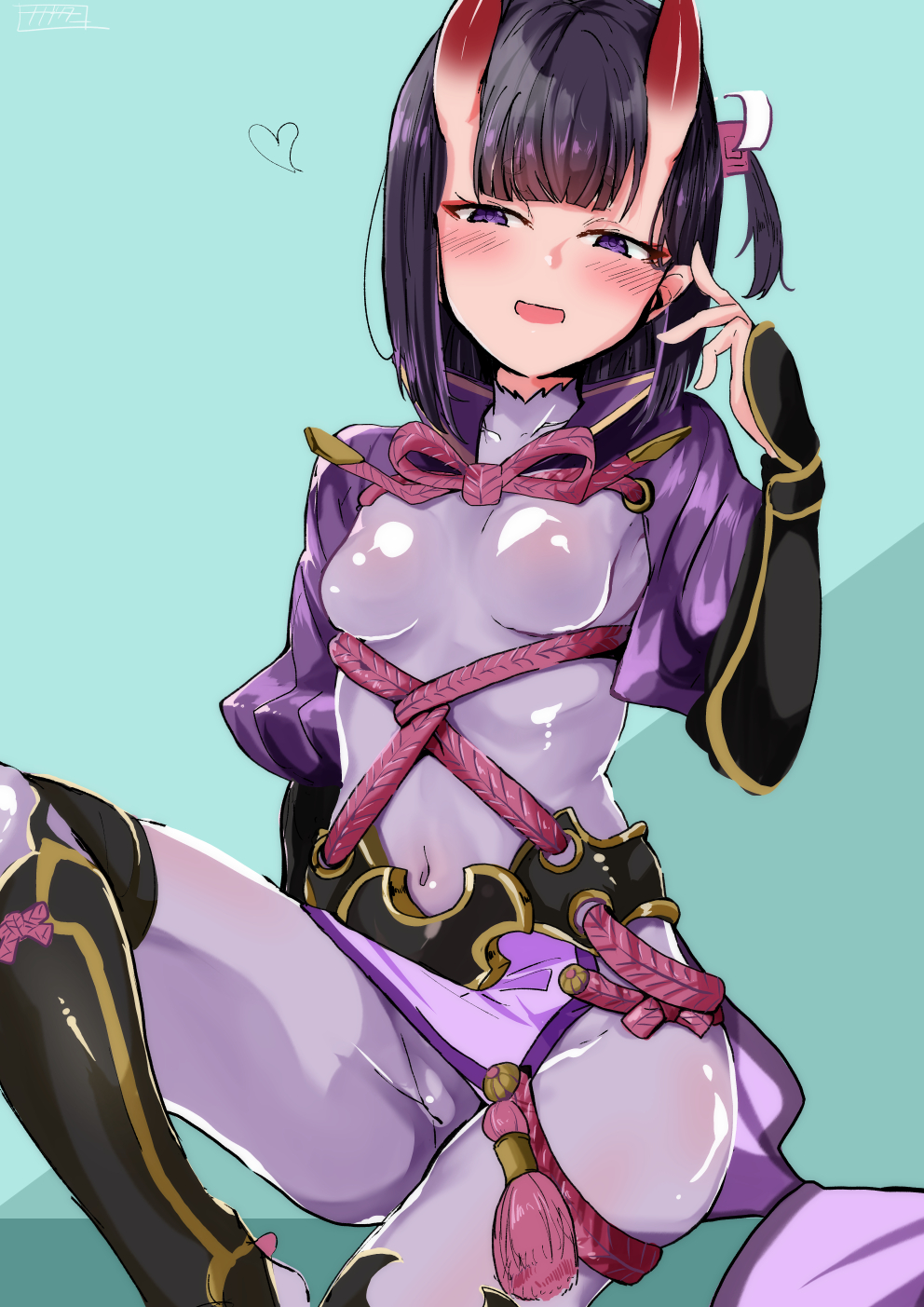 1girl armor bangs black_gloves blue_background blush bob_cut bodysuit breasts cosplay covered_navel elbow_gloves eyeliner fate/grand_order fate_(series) fingerless_gloves gloves hair_ornament highres horns japanese_armor knee_up kote long_sleeves looking_at_viewer makeup minamoto_no_raikou_(fate/grand_order) minamoto_no_raikou_(fate/grand_order)_(cosplay) nagatani_(nagata2) one_side_up oni oni_horns open_mouth pelvic_curtain purple_bodysuit purple_hair ribbed_sleeves rope short_hair shuten_douji_(fate/grand_order) sitting skin-covered_horns small_breasts smile tassel thighs violet_eyes