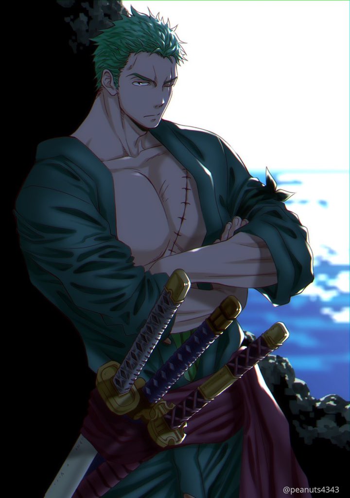 1boy abs chest crossed_arms earrings facial_scar green_hair japanese_clothes jewelry katana kimono male_focus muscle one_eye_closed one_piece open_clothes open_kimono pectorals pinattsu roronoa_zoro scar short_hair solo sword toned toned_male upper_body weapon