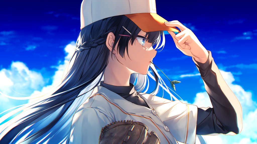 1girl adjusting_clothes adjusting_headwear baseball_cap baseball_mitt baseball_uniform black_hair black_shirt blue_eyes braid clouds hair_ornament hairclip hat long_hair nijisanji shirt sky solo sportswear toosaka_asagi tsukino_mito