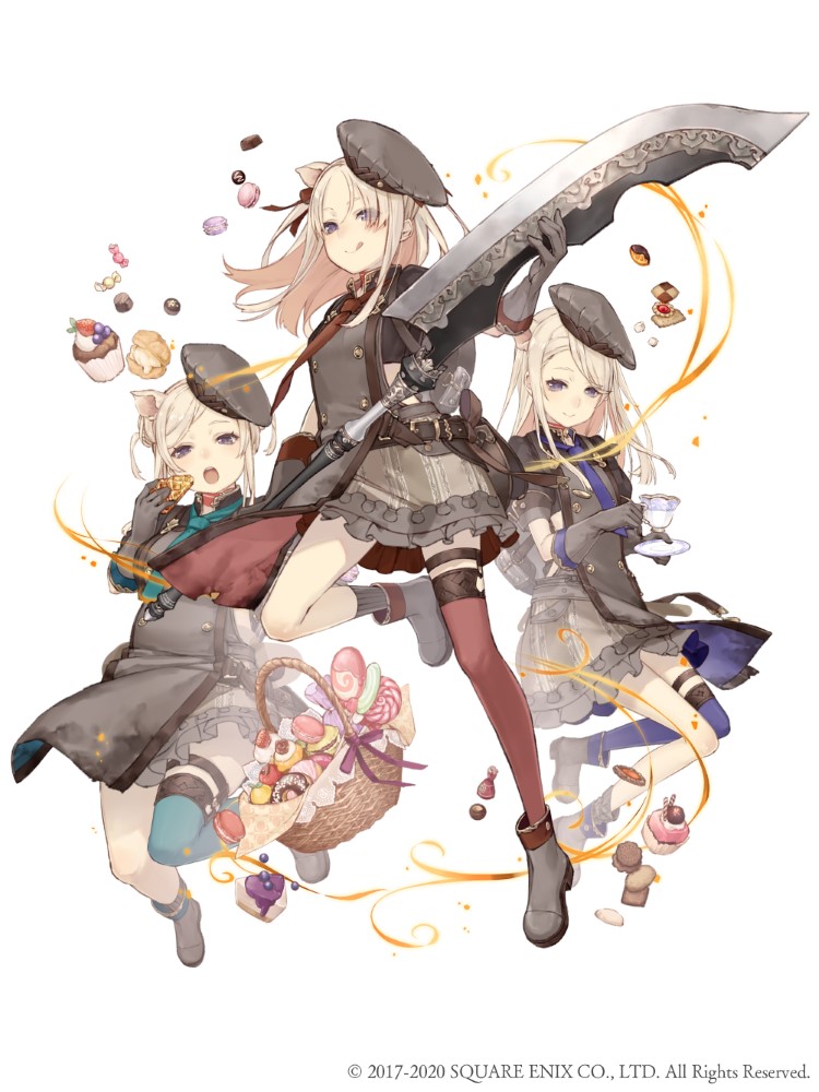 3girls animal_ears apron basket belt belt_pouch blonde_hair cake candy chocolate cupcake doughnut eyebrows_visible_through_hair eyes_visible_through_hair food frills full_body gloves grey_gloves hat holding holding_sword holding_weapon ji_no licking_lips lollipop long_hair looking_at_viewer macaron multiple_girls official_art pig_ears plump pouch single_thighhigh sinoalice skinny smile square_enix sword thigh-highs three_little_pigs_(sinoalice) tongue tongue_out violet_eyes weapon white_background