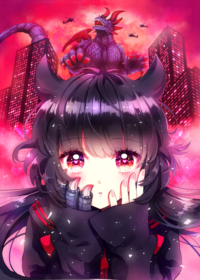 1girl akaishi_kuroe bangs black_hair close-up cover cover_page hair_horns hands_on_own_face heart heart-shaped_pupils kaijuu looking_at_viewer manga_cover naki_ringo official_art otome_kaijuu_carameliser red_eyes symbol-shaped_pupils