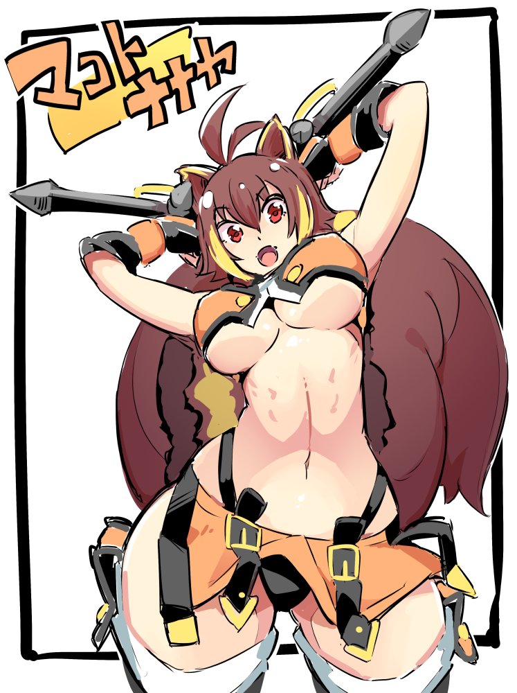 1girl animal_ears blazblue breasts brown_eyes brown_hair gloves large_breasts looking_at_viewer makoto_nanaya multicolored_hair nac000 navel orange_skirt revealing_clothes short_hair skirt smile solo squirrel_ears squirrel_tail tail thigh-highs two-tone_hair under_boob underwear weapon