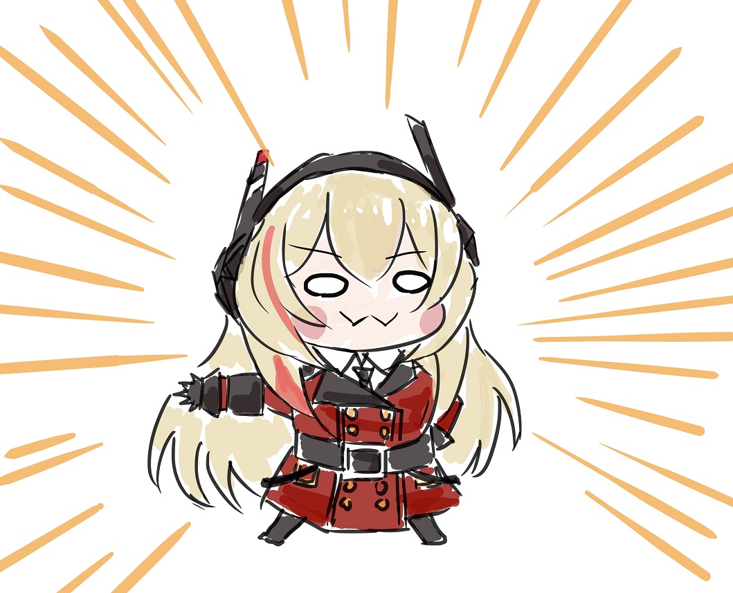 1girl :3 bangs belt black_belt black_gloves black_neckwear blonde_hair blush_stickers chibi chika_(keiin) commander_(girls_frontline) commentary_request eyebrows_visible_through_hair full_body girls_frontline gloves hair_between_eyes headgear jacket long_hair long_sleeves m4_sopmod_ii_jr multicolored_hair necktie o_o outstretched_arm red_jacket redhead shirt smile solo standing streaked_hair uniform white_background white_shirt