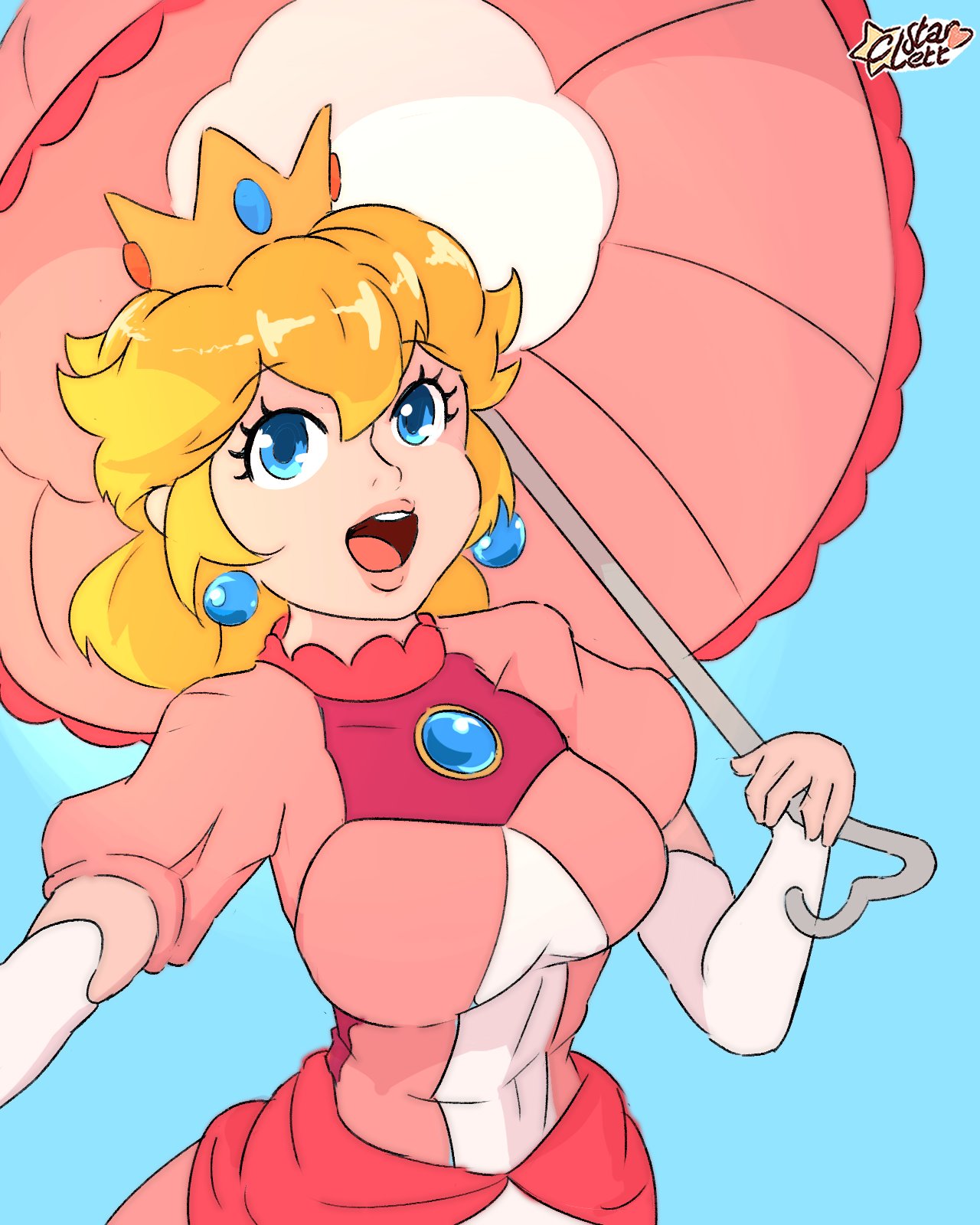 blonde_hair blue_background blue_eyes c_starlett crown dress earrings gloves highres jewelry super_mario_bros. open_mouth outstretched_arm pink_skirt simple_background skirt super_mario_bros. super_smash_bros. teeth tight_dress umbrella white_gloves
