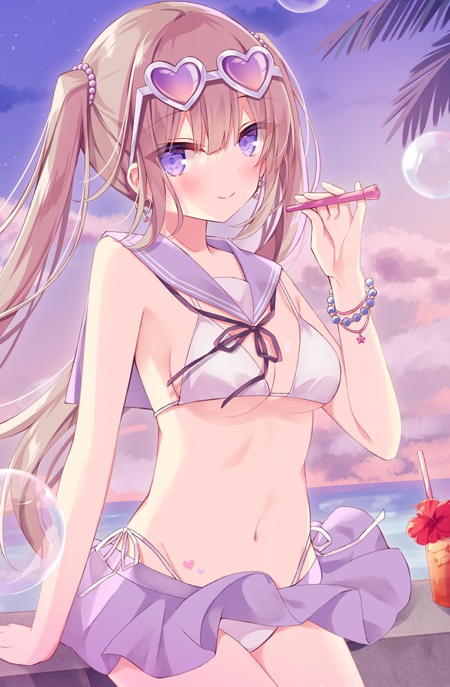 1girl arm_support bangs bare_arms bare_shoulders bikini black_ribbon blush brown_hair bubble bubble_blowing closed_mouth clouds commentary eyebrows_visible_through_hair eyewear_on_head flower grey-framed_eyewear hair_between_eyes hand_up heart heart-shaped_eyewear highleg highleg_bikini holding hoshi_(snacherubi) long_hair navel neck_ribbon original outdoors pleated_skirt purple_sailor_collar purple_skirt red_flower ribbon sailor_bikini sailor_collar side-tie_bikini skirt smile solo sunglasses sunset swimsuit symbol_commentary twintails very_long_hair violet_eyes white_bikini