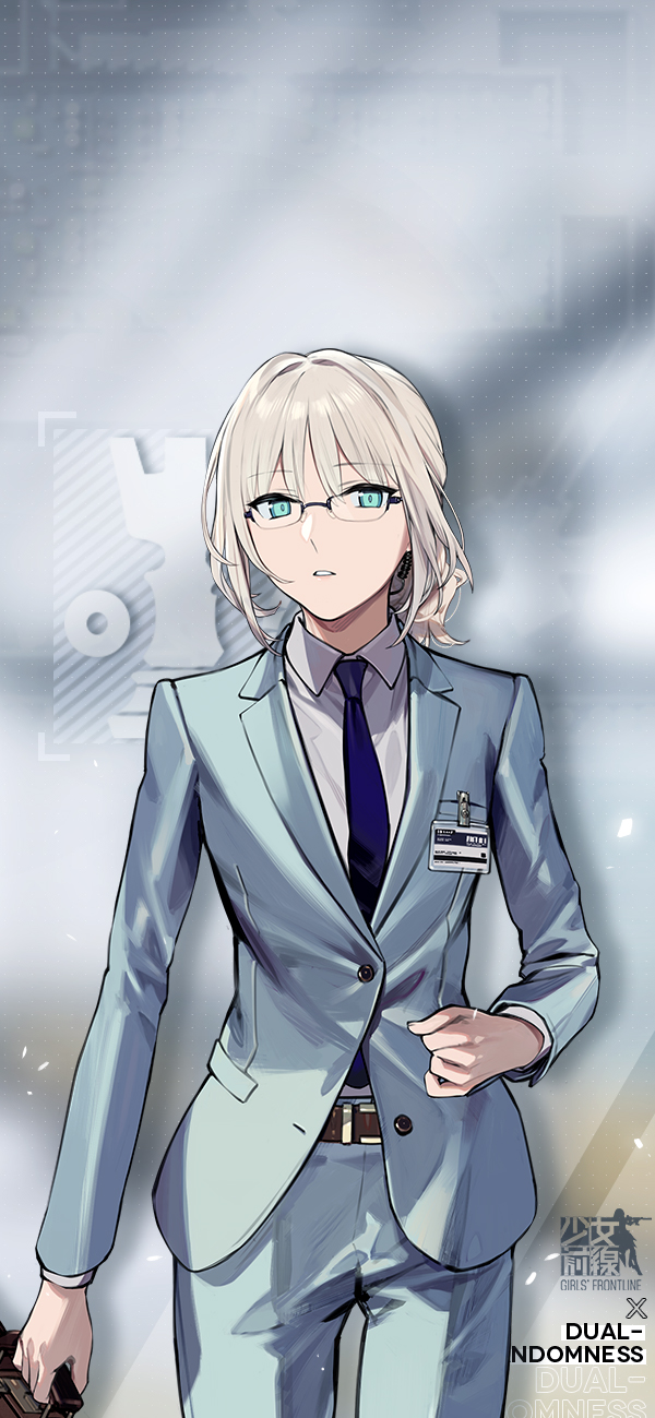 1girl an-94_(girls_frontline) bangs blue_eyes duoyuanjun eyebrows_visible_through_hair formal girls_frontline glasses highres silver_hair solo suit