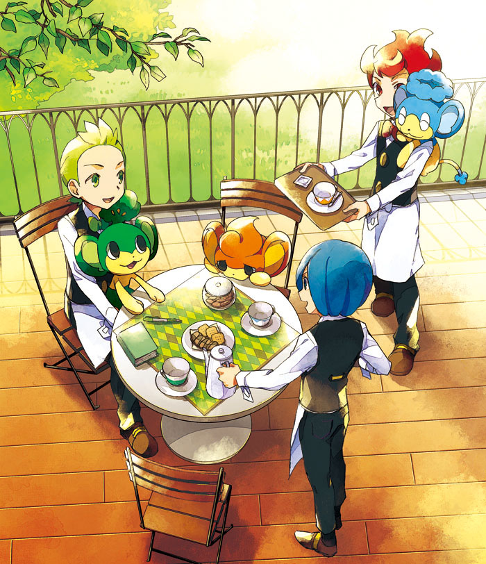 3boys apron biscuit_(bread) blue_hair book brown_footwear chair chili_(pokemon) cilan_(pokemon) commentary_request cress_(pokemon) cup gen_5_pokemon graphite_(medium) green_eyes green_hair holding holding_tray kurochiroko long_sleeves multiple_boys on_chair on_lap on_shoulder open_mouth panpour pansage pansear pants pokemon pokemon_(creature) pokemon_(game) pokemon_bw pokemon_on_lap pokemon_on_shoulder redhead saucer shoes table tongue traditional_media tray vest waist_apron