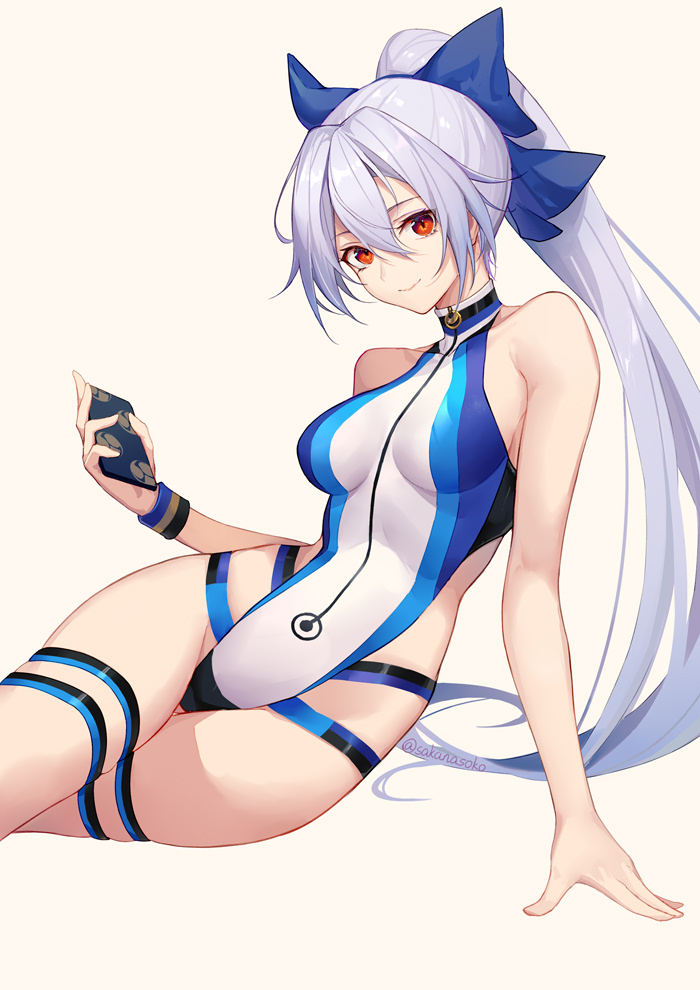 1girl arm_support artist_name bare_shoulders blue_ribbon breasts cellphone commentary commentary_request fate/grand_order fate_(series) hair_between_eyes hair_ribbon holding holding_phone long_hair medium_breasts mitsudomoe_(shape) multicolored multicolored_clothes multicolored_swimsuit phone ponytail red_eyes ribbon sakanasoko simple_background smartphone smile solo swimsuit thigh_strap tomoe_(symbol) tomoe_gozen_(fate/grand_order) tomoe_gozen_(swimsuit_saber)_(fate) white_background white_hair