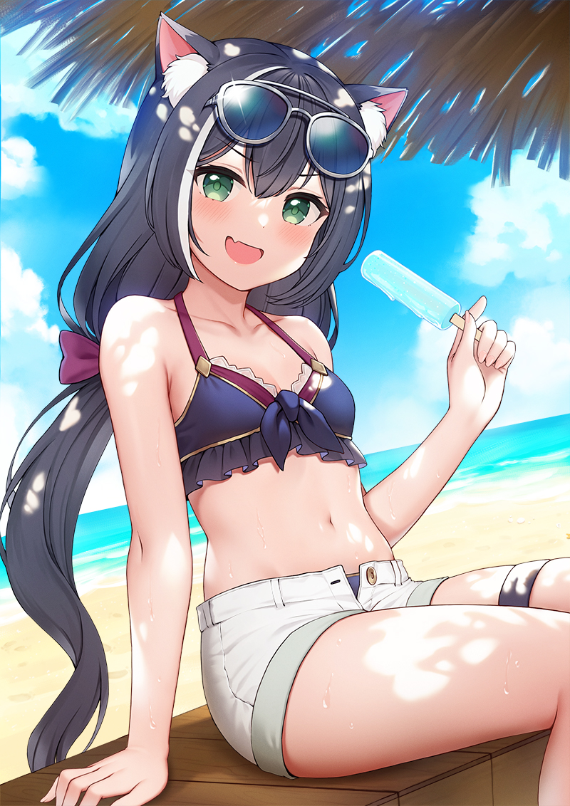 1girl animal_ear_fluff animal_ears beach bikini blue_sky blush breasts cat_ears cat_girl cat_tail clouds cloudy_sky collarbone commentary_request day eyewear_on_head fang food fukuro_ko_(greentea) green_eyes grey-framed_eyewear horizon karyl_(princess_connect!) looking_at_viewer low_twintails multicolored_hair navel ocean open_clothes open_mouth open_shorts outdoors popsicle princess_connect! princess_connect!_re:dive sand shorts sitting skin_fang sky small_breasts solo streaked_hair swimsuit tail twintails water white_hair white_shorts