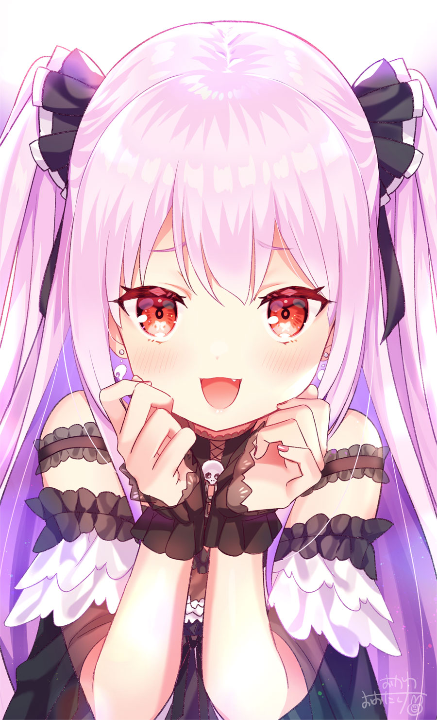1girl :d bangs bare_shoulders black_dress black_ribbon blush close-up commentary dress earrings eyebrows_visible_through_hair fang fingernails hair_ribbon hands_up highres hololive jewelry long_hair nail_polish off-shoulder_dress off_shoulder okanoyuno open_mouth pink_hair purple_nails red_eyes ribbon see-through see-through_sleeves short_sleeves signature smile solo two_side_up upper_body uruha_rushia very_long_hair virtual_youtuber wide_sleeves