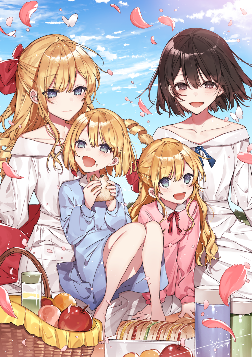 4girls :d apple bangs bare_shoulders basket black_hair blonde_hair blue_dress blue_eyes blush bow brown_eyes character_request claire_francois closed_mouth collarbone collared_dress commentary_request day dress eyebrows_visible_through_hair food food_on_face fruit hair_between_eyes hair_bow hanagata highres holding holding_food long_hair long_sleeves multiple_girls off-shoulder_dress off_shoulder open_mouth outdoors petals pink_dress red_apple red_bow rei_taylor ringlets sandwich smile thermos very_long_hair watashi_no_oshi_wa_akuyaku_reijou white_dress wife_and_wife yuri