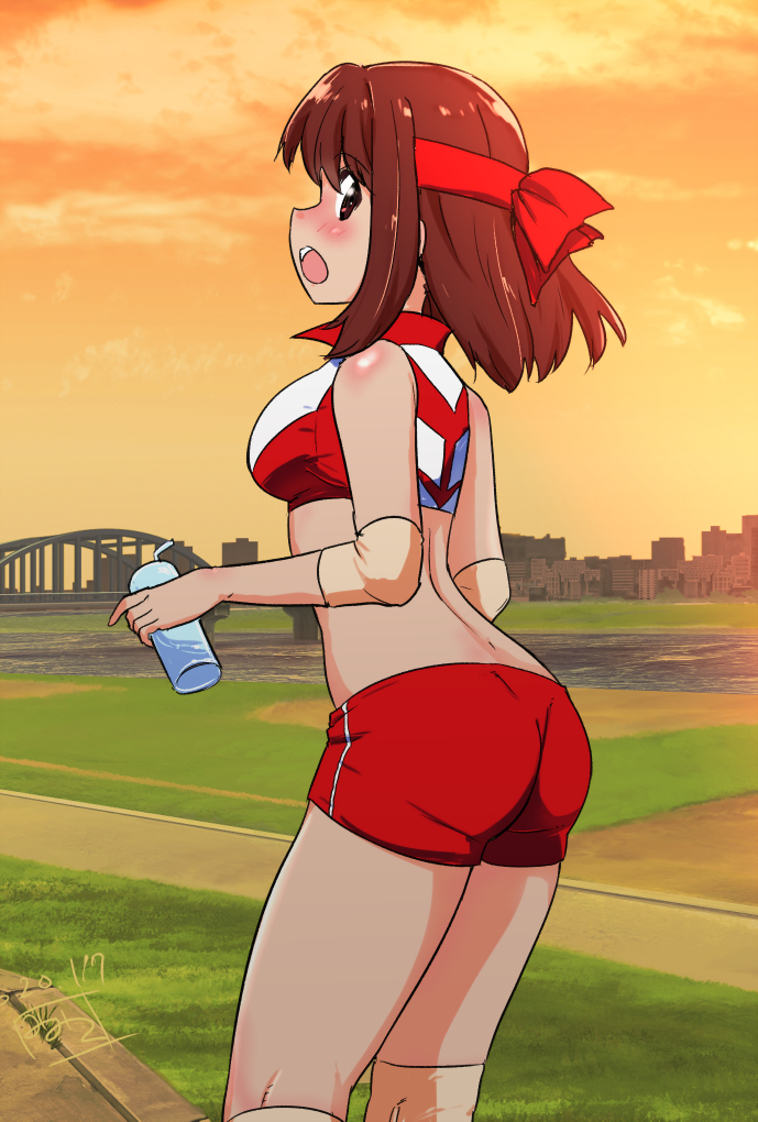 1girl adapted_costume artist_name ass back bangs blush bottle brown_eyes brown_hair cityscape commentary_request cowboy_shot crop_top dated day elbow_pads from_behind frown girls_und_panzer headband holding holding_bottle knee_pads kondou_taeko looking_at_viewer looking_back medium_hair mimic_(ryon733) open_mouth orange_sky outdoors partial_commentary red_headband red_shirt red_shorts shirt short_hair short_shorts shorts signature single_vertical_stripe sky sleeveless sleeveless_shirt solo sportswear standing twilight volleyball_uniform water_bottle