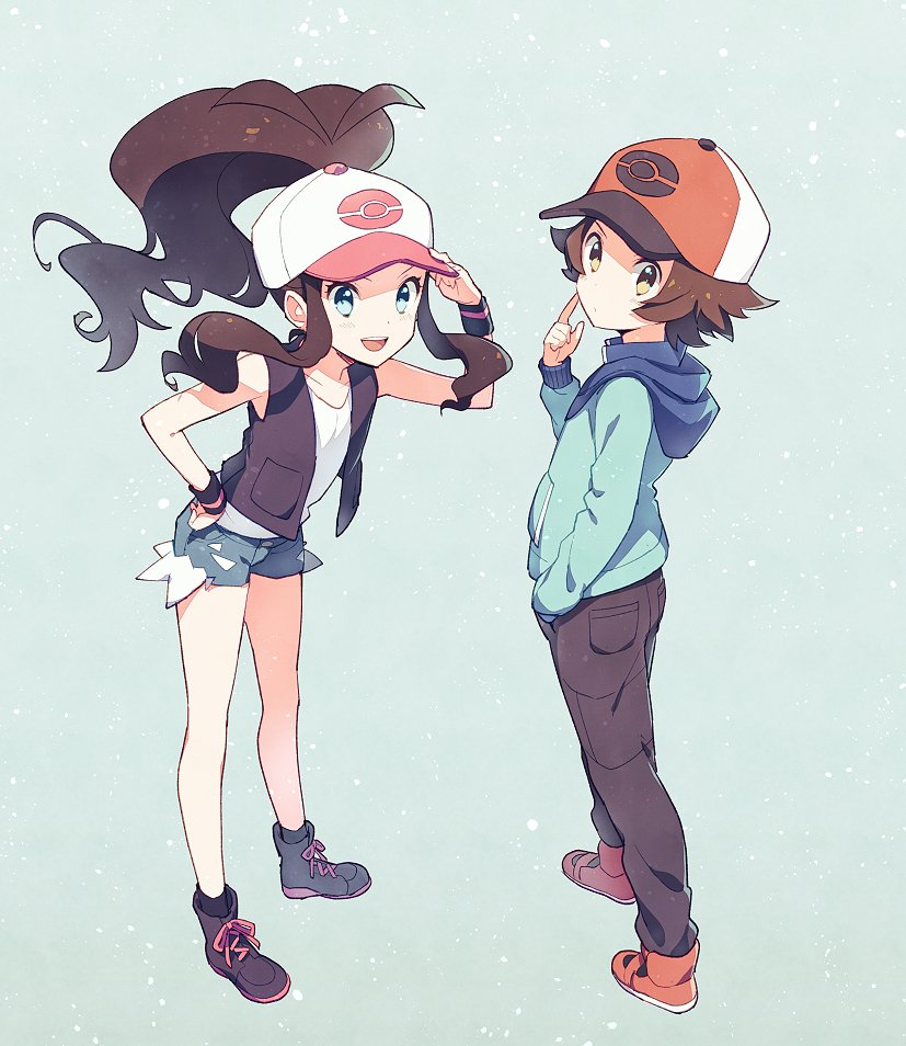 1boy 1girl baseball_cap black_footwear black_pants black_vest blue_eyes boots brown_hair commentary_request denim denim_shorts eyelashes hand_on_headwear hand_up hat hilbert_(pokemon) hilda_(pokemon) hood hoodie index_finger_raised kurochiroko looking_to_the_side open_mouth orange_footwear pants pokemon pokemon_(game) pokemon_bw shirt shorts sleeveless sleeveless_shirt teeth tongue two-tone_headwear upper_teeth vest white_shirt