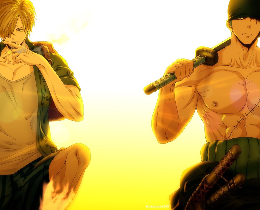 2boys abs blonde_hair chest cigarette couple cowboy_shot facial_scar fighting_stance green_hair hair_over_one_eye leg_up male_focus multiple_boys muscle one_eye_closed one_piece pinattsu roronoa_zoro sanji scar shirtless short_hair toned toned_male