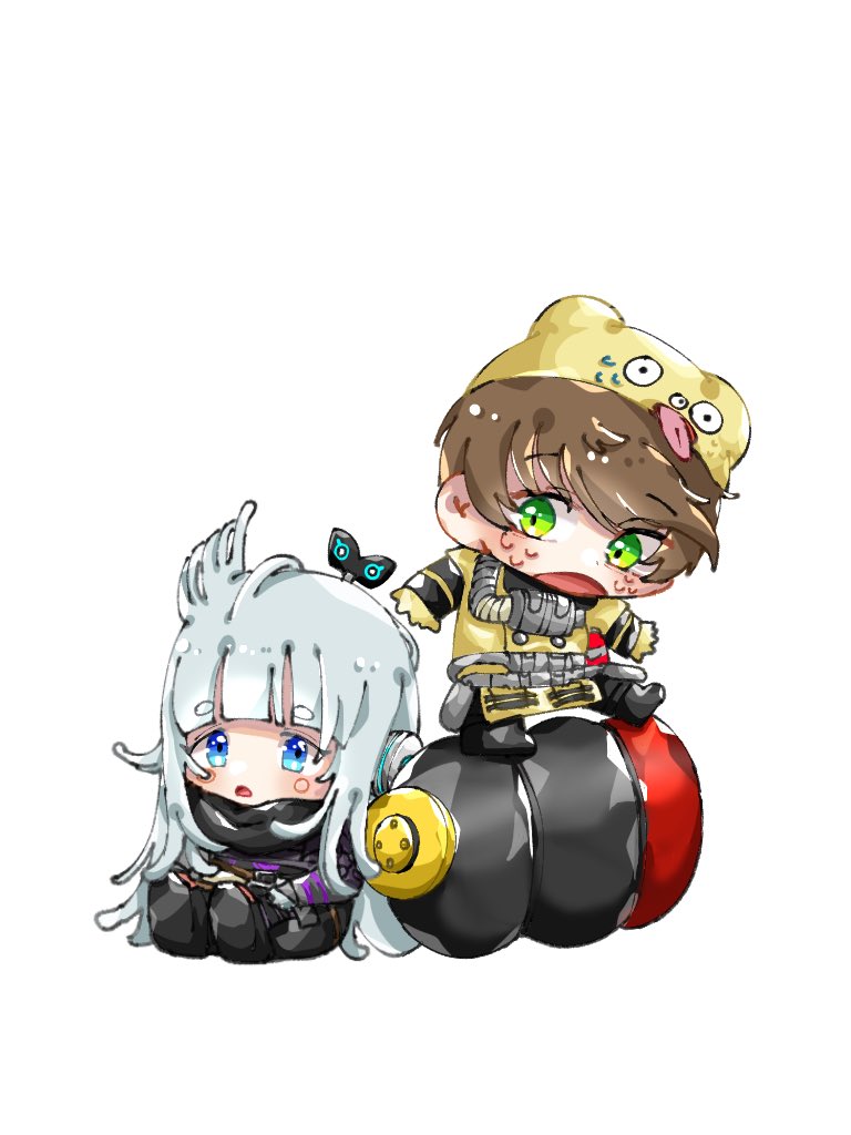 and_uge apex_legends black_bodysuit black_scarf blue_eyes blush bodysuit caustic_(apex_legends) caustic_(apex_legends)_(cosplay) chibi cosplay eyebrows_visible_through_hair gloves green_eyes grey_hair hair_behind_ear long_hair looking_to_the_side melton open_hands real_life scarf standing surprised v_ap_art virtual_youtuber wraith_(apex_legends) wraith_(apex_legends)_(cosplay) yellow_gloves zerro