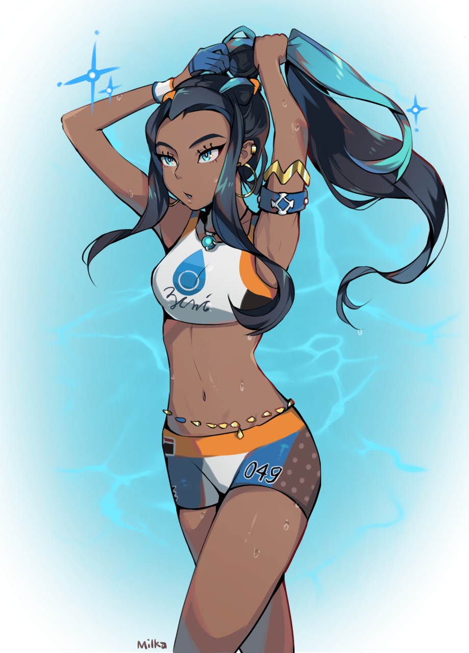 1girl armlet armpits arms_up artist_name belly_chain bike_shorts black_hair blue_eyes commentary dark_skin dynamax_band earrings gloves gym_leader highres hoop_earrings jewelry long_hair milka_(milk4ppl) multicolored_hair navel necklace nessa_(pokemon) number pokemon pokemon_(game) pokemon_swsh single_glove solo two-tone_hair wet