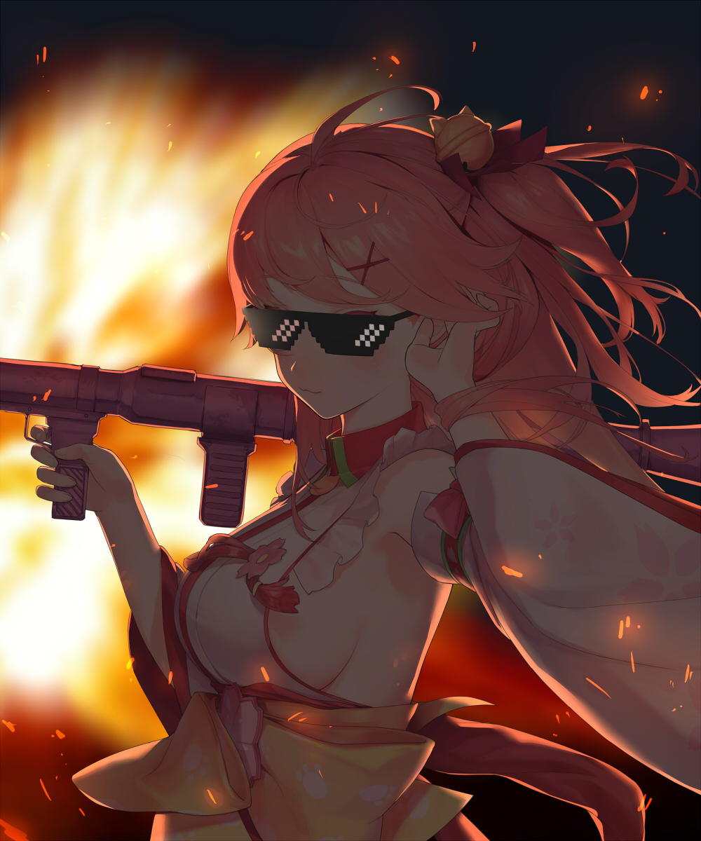 1girl :3 ahoge arm_up bell black_background blush breasts closed_mouth commentary detached_sleeves embers explosion floral_print grenade_launcher hair_bell hair_ornament hair_ribbon hand_in_hair highres holding holding_weapon hololive japanese_clothes kimono large_breasts long_hair looking_at_viewer meme_attire nontraditional_miko obi paw_print_pattern pink_hair ribbon rocket_launcher rpg sakura_miko sangan_35p sash side_ponytail sideboob simple_background smile solo sunglasses tassel upper_body virtual_youtuber weapon white_kimono wide_sleeves wing_collar x_hair_ornament