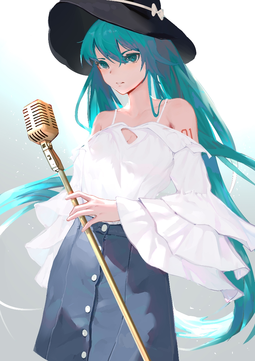 1girl aqua_eyes aqua_hair arm_tattoo bangs bare_shoulders black_headwear blue_skirt blush bow c-ongc cleavage_cutout collarbone cowboy_shot grey_background hair_between_eyes hair_over_shoulder hat hat_bow hatsune_miku holding holding_microphone_stand layered_sleeves long_hair long_sleeves microphone microphone_stand number parted_lips shade shirt skirt solo standing strap sun_hat tattoo twintails very_long_hair vocaloid white_bow white_shirt wide_sleeves