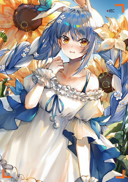 1girl bangs bare_shoulders blue_hair blue_ribbon blush bra_strap braid collarbone commentary_request cowboy_shot dress eyebrows_visible_through_hair flower frilled_dress frills hair_flower hair_ornament hololive long_hair long_sleeves looking_at_viewer nose_blush off-shoulder_dress off_shoulder orange_eyes parted_lips pom_pom_(clothes) ribbon ryuuji_teitoku solo sunflower thick_eyebrows twin_braids usada_pekora very_long_hair viewfinder virtual_youtuber white_dress white_flower white_hair wide_sleeves yellow_flower