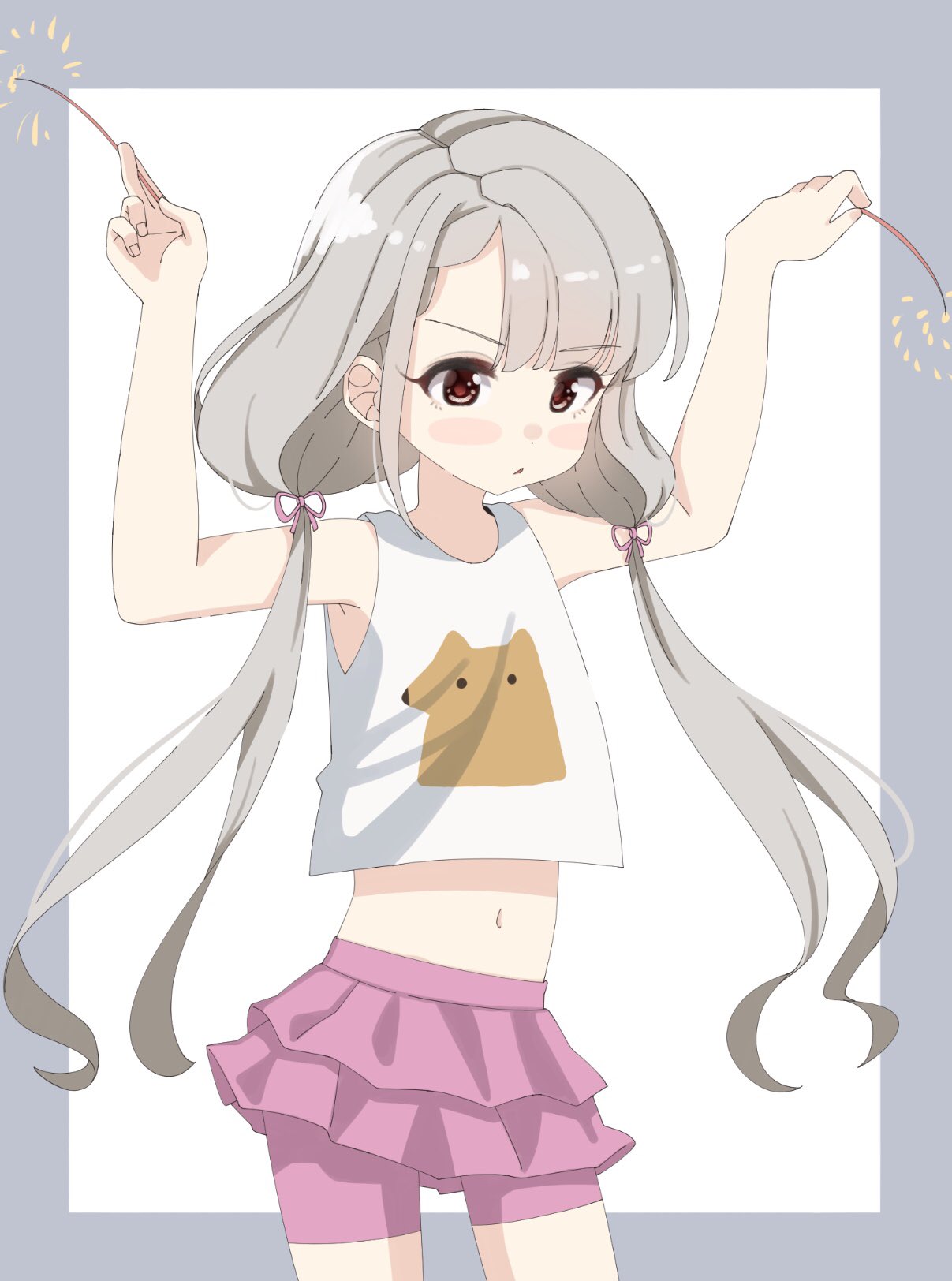 1girl bangs bare_arms bare_shoulders blush_stickers braid brown_eyes eyebrows_visible_through_hair fireworks fox_print grey_background grey_hair hair_ribbon highres hisakawa_nagi holding idolmaster idolmaster_cinderella_girls idolmaster_cinderella_girls_starlight_stage layered_skirt long_hair low_twintails midriff navel parted_lips pink_ribbon pink_shorts pink_skirt pleated_skirt print_shirt ribbon senkou_hanabi shirt shiwa_(siwaa0419) short_shorts shorts skirt sleeveless sleeveless_shirt solo sparkler twintails two-tone_background very_long_hair white_background white_shirt