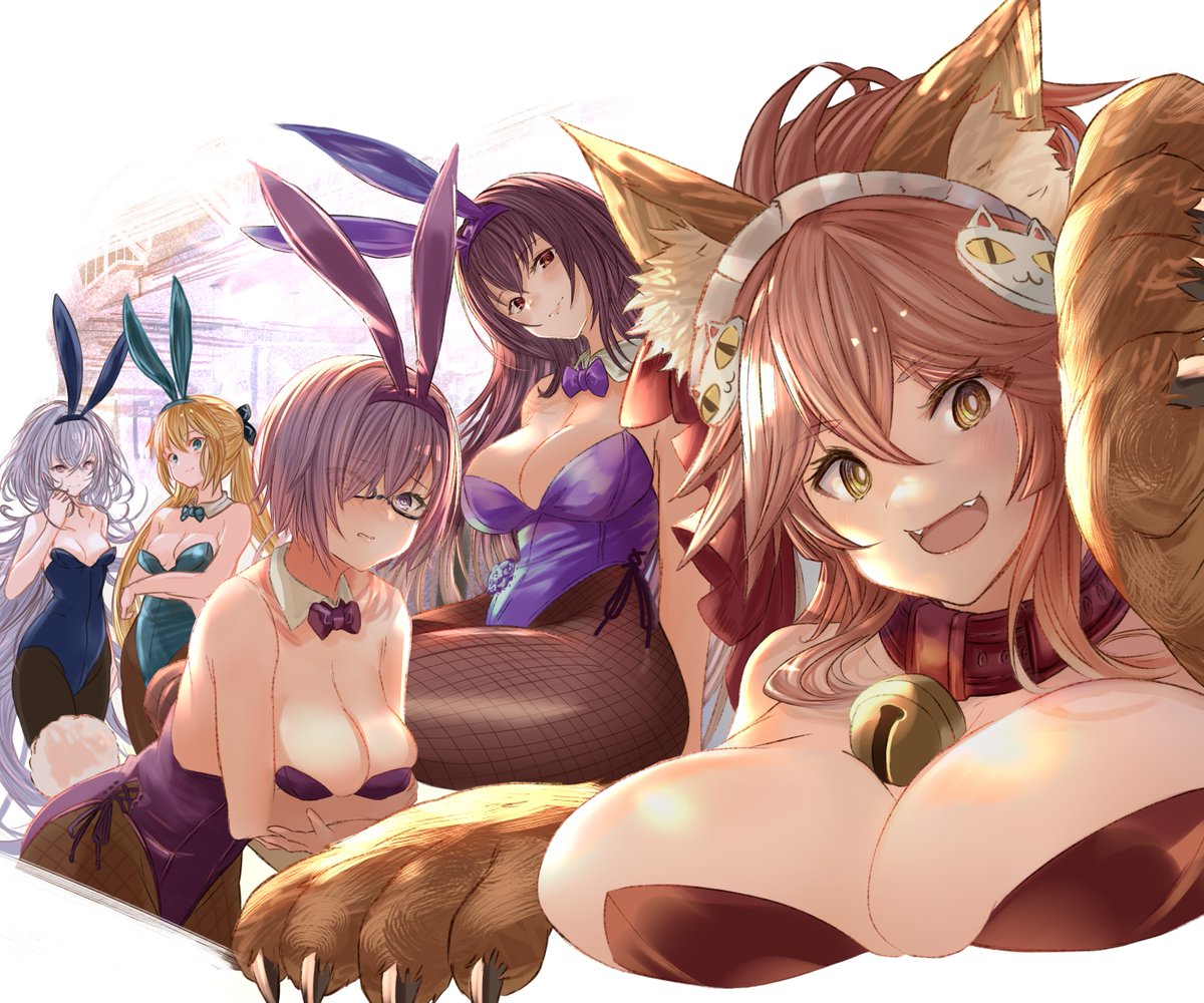 5girls animal_ear_fluff animal_ears artoria_pendragon_(all) artoria_pendragon_(caster) bangs bare_shoulders bell bell_collar blonde_hair blue_eyes blue_leotard blush breasts bunny_tail cat_hair_ornament collar detached_collar fangs fate/extra fate/grand_order fate/prototype fate_(series) fishnet_legwear fishnets fox_ears fox_girl glasses gloves hair_ornament hair_over_one_eye highleg highleg_leotard jingle_bell large_breasts leotard light_purple_hair long_hair looking_at_viewer maid_headdress mash_kyrielight merlin_(fate/prototype) multiple_girls open_mouth paw_gloves paws piercing_bunny pink_hair playboy_bunny ponytail purple_hair purple_leotard rabbit_ears red_eyes red_leotard scathach_(fate)_(all) scathach_(fate/grand_order) short_hair sidelocks silver_hair smile tail tamamo_(fate)_(all) tamamo_cat_(fate) thighs twintails very_long_hair violet_eyes wrist_cuffs yatsuka_(846) yellow_eyes