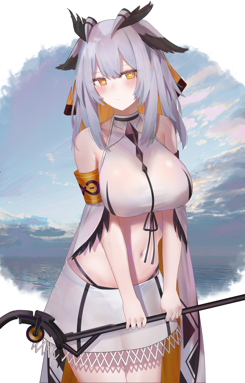 1girl adapted_costume arknights armband bare_shoulders breasts cowboy_shot crop_top detached_sleeves grey_hair heart heart-shaped_pupils highres holding holding_staff large_breasts long_hair looking_at_viewer midriff miniskirt navel owl_ears ptilopsis_(arknights) ru_zhai shirt skirt solo staff stomach symbol-shaped_pupils white_shirt white_skirt yellow_eyes