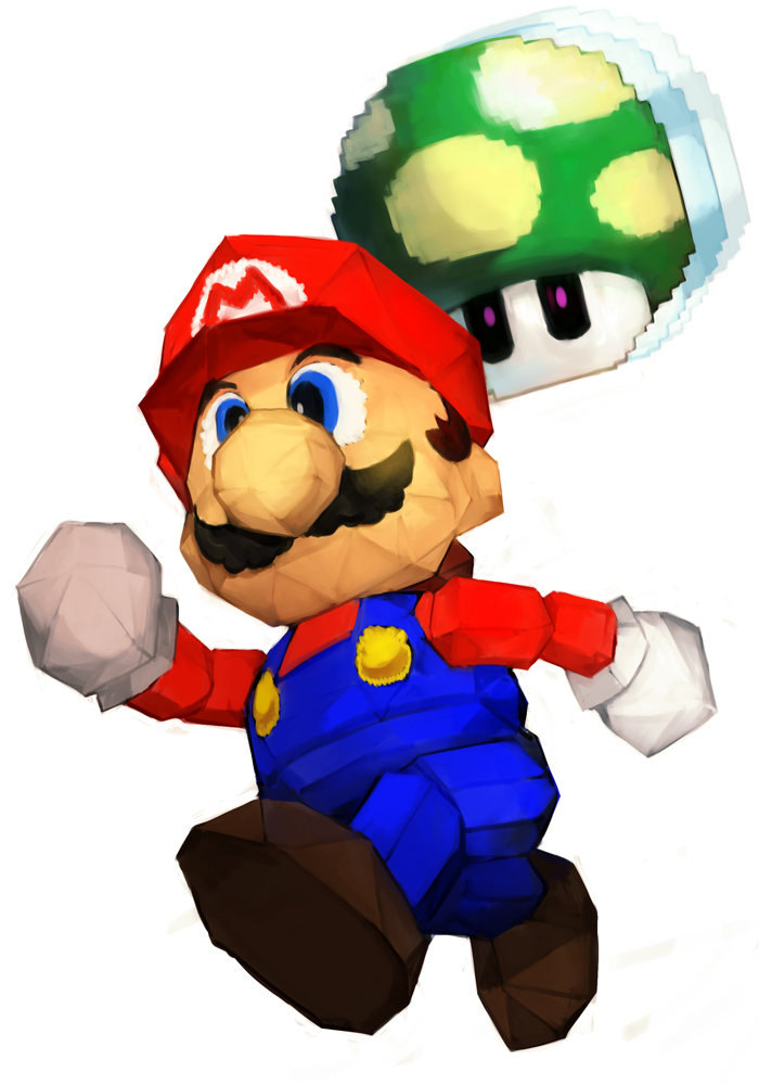 1-up_mushroom 1boy 1up blue_eyes blue_overalls brown_footwear brown_hair facial_hair from_below full_body gloves hankuri hat hankuri male_focus mario super_mario_bros. mushroom mustache overalls polygonal red_headwear red_shirt running shirt shoes simple_background solo_focus super_mario_64 white_background white_gloves