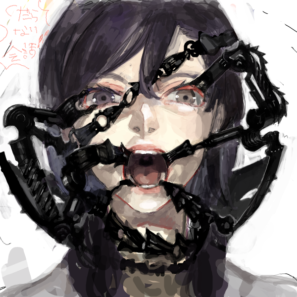 1boy androgynous brown_eyes clamps device drawr expressionless eyelashes heterochromia horror_(theme) lips looking_at_viewer male_focus mouth nishihara_isao oekaki open_mouth original purple_hair solo teeth tongue violet_eyes