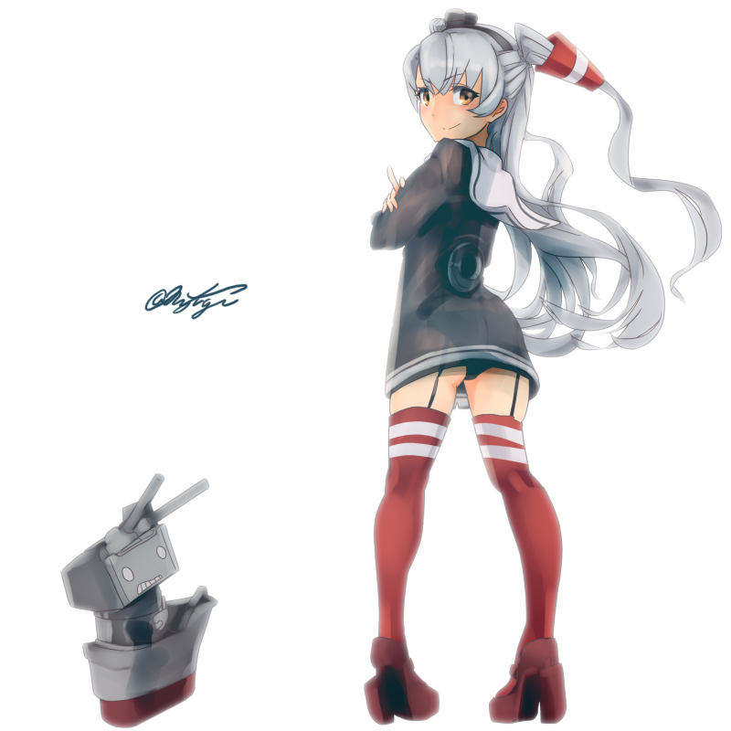 1girl amatsukaze_(kantai_collection) black_panties brown_dress crossed_arms dress from_behind full_body garter_straps hair_tubes hat kantai_collection long_hair looking_at_viewer looking_back mini_hat panties red_legwear rensouhou-kun righgi sailor_collar sailor_dress short_dress signature silver_hair simple_background smile smokestack_hair_ornament standing striped striped_legwear thigh-highs two_side_up underwear white_background white_sailor_collar windsock