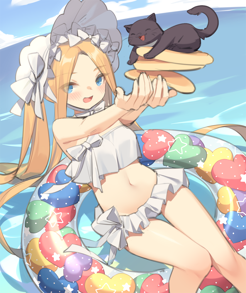 1girl :d abigail_williams_(fate/grand_order) abigail_williams_(swimsuit_foreigner)_(fate) animal bangs bare_arms bare_shoulders bikini black_cat blonde_hair blue_eyes blush bonnet bow breasts cat commentary_request day eyebrows_visible_through_hair eyes_visible_through_hair fate/grand_order fate_(series) food hair_bow heart holding holding_food horizon innertube kildir long_hair looking_at_viewer navel ocean open_mouth outdoors outstretched_arms pancake parted_bangs polka_dot small_breasts smile solo stack_of_pancakes strapless strapless_bikini swimsuit twintails very_long_hair water white_bikini white_bow white_headwear