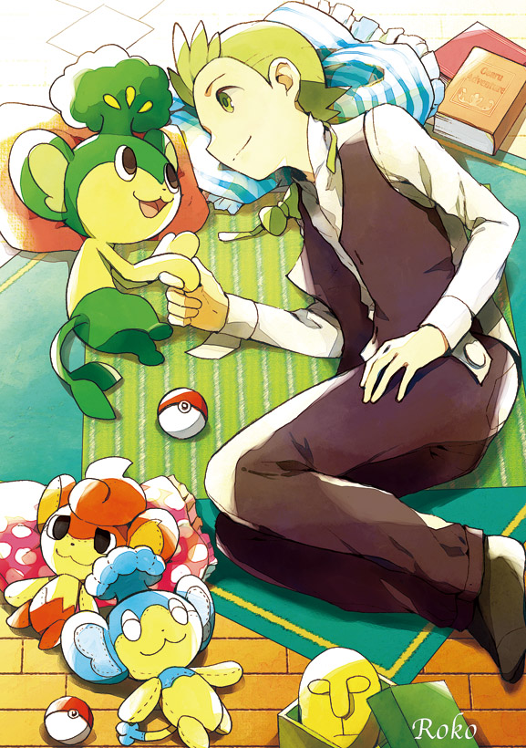 1boy black_legwear black_pants black_vest book character_doll cilan_(pokemon) closed_mouth commentary_request eye_contact gen_5_pokemon graphite_(medium) green_eyes green_hair hand_on_own_thigh head_on_pillow holding_hands kurochiroko long_sleeves looking_at_another lying on_side pansage pants pillow poke_ball poke_ball_(basic) pokemon pokemon_(creature) pokemon_(game) pokemon_bw shirt smile socks traditional_media vest white_shirt