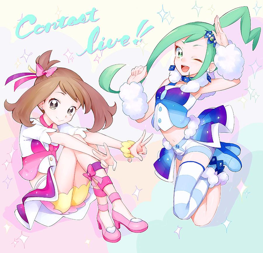 2girls :d bangs blue_footwear boots bow brown_hair buttons commentary_request double_w eyebrows_visible_through_hair eyelashes green_eyes green_hair grey_eyes hair_ribbon hands_up high_heels kurochiroko lisia_(pokemon) may_(pokemon) multiple_girls navel one_eye_closed open_mouth pink_bow pink_footwear pokemon pokemon_(game) pokemon_oras purple_skirt ribbon short_shorts short_sleeves shorts single_thighhigh skirt smile striped striped_legwear teeth thigh-highs tongue w