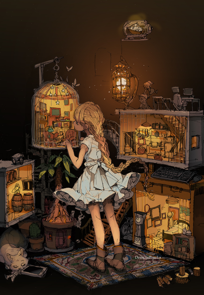 1girl 3boys artist_name barrel bed bedroom bicycle birdcage blonde_hair blue_skin book bookshelf boots braid bug butterfly cactus cage cat chair clock commentary couch dark demizu_posuka desk dress fantasy frown frying_pan ground_vehicle hat highres indoors insect lamp lantern light_particles long_hair low-tied_long_hair monitor multiple_boys original photo_(object) plant pot potted_plant reading refrigerator rug scenery ship_in_a_bottle single_braid sitting sketch sleeveless sleeveless_dress stairs white_dress