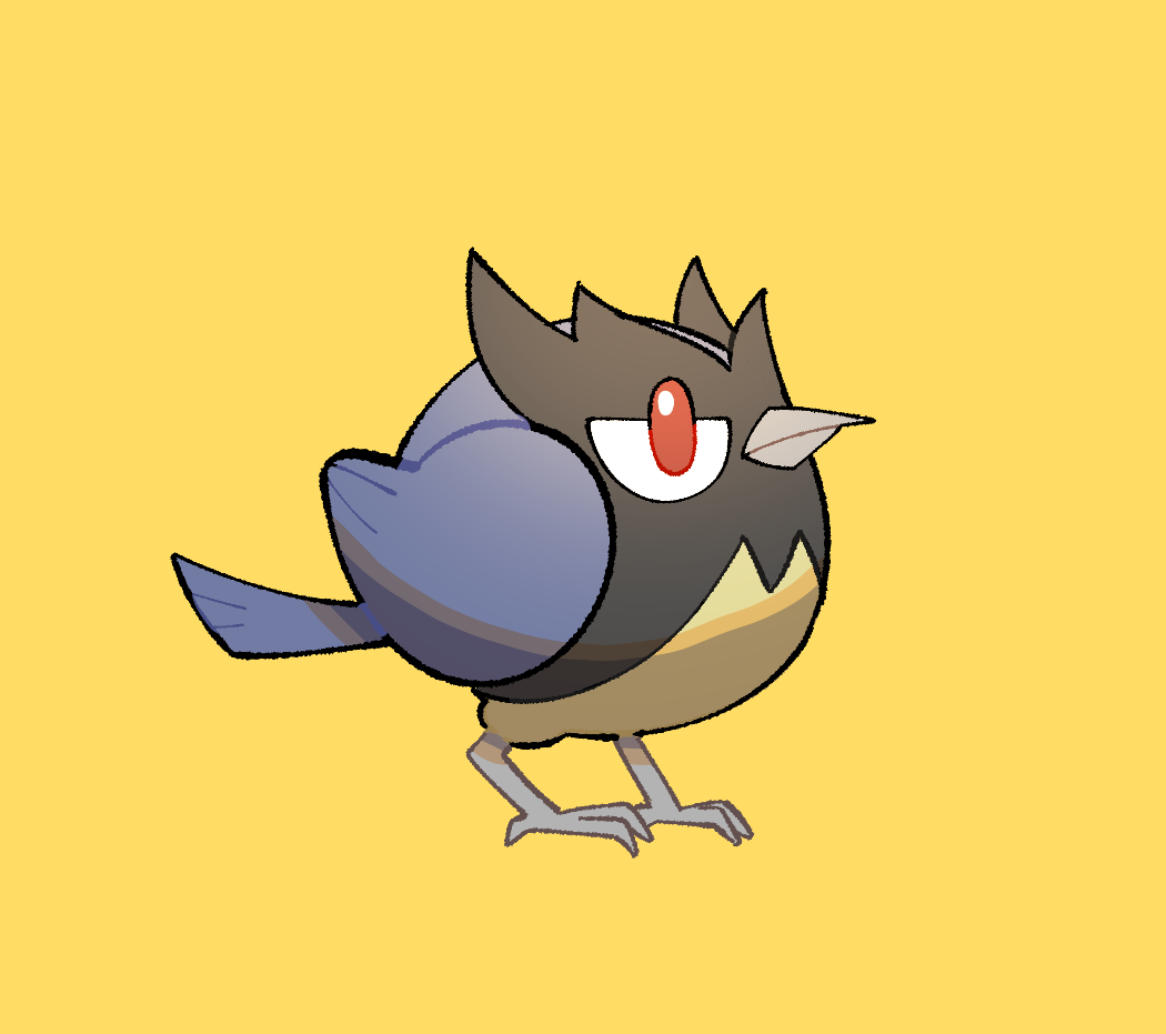 beak bird closed_mouth commentary_request full_body gen_8_pokemon nanaki_(mkmk_915) no_humans pokemon pokemon_(creature) red_eyes rookidee simple_background wings yellow_background