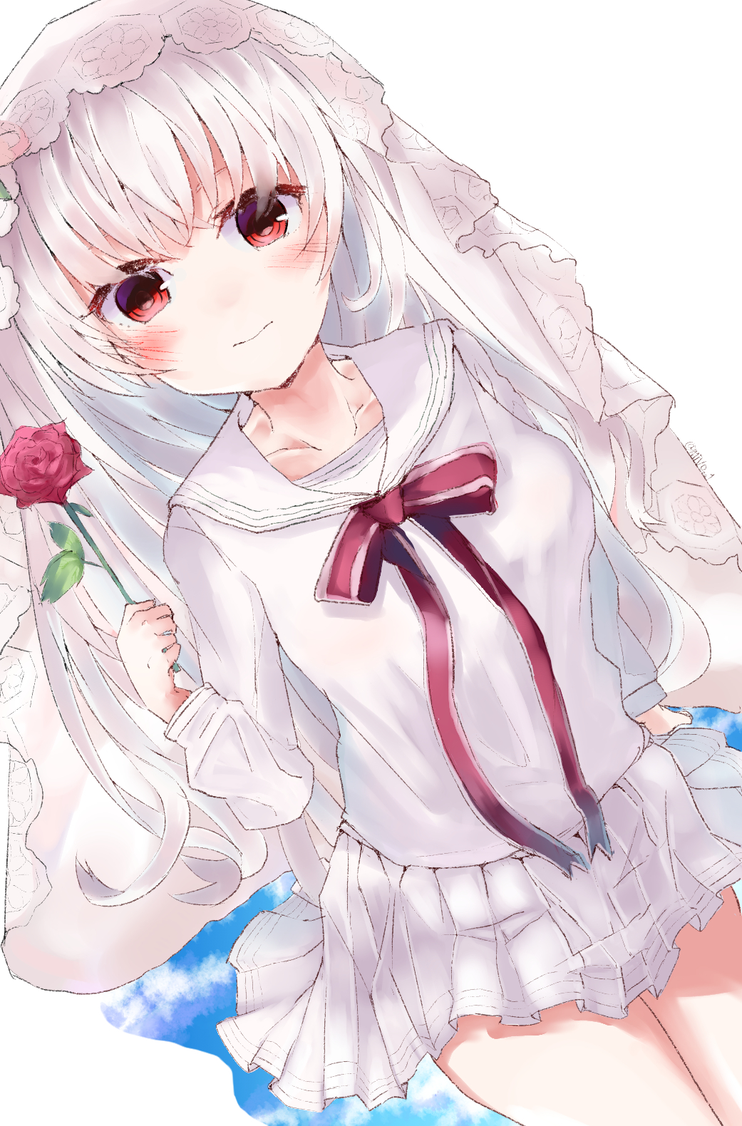 1girl arcaea cowboy_shot flower highres hikari_(arcaea) long_hair long_sleeves pleated_skirt red_eyes red_flower red_ribbon red_rose ribbon rose skirt solo user_ekxa4273 veil white_background white_hair white_serafuku white_skirt