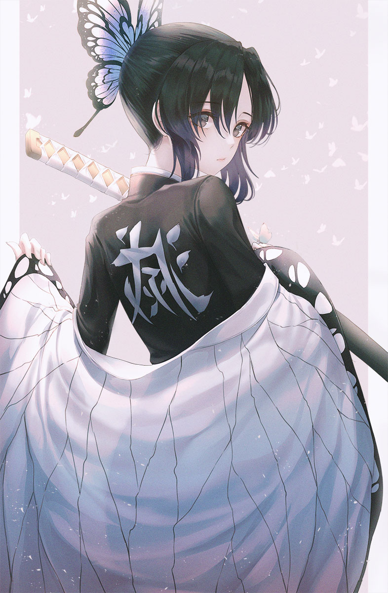 1girl black_hair black_jacket butterfly_hair_ornament closed_mouth from_behind hair_ornament hair_tubes haori highres holding holding_sheath jacket japanese_clothes jwkjwk0101 kimetsu_no_yaiba kochou_shinobu long_sleeves looking_at_viewer looking_back sheath sheathed shiny shiny_hair short_hair solo sword weapon