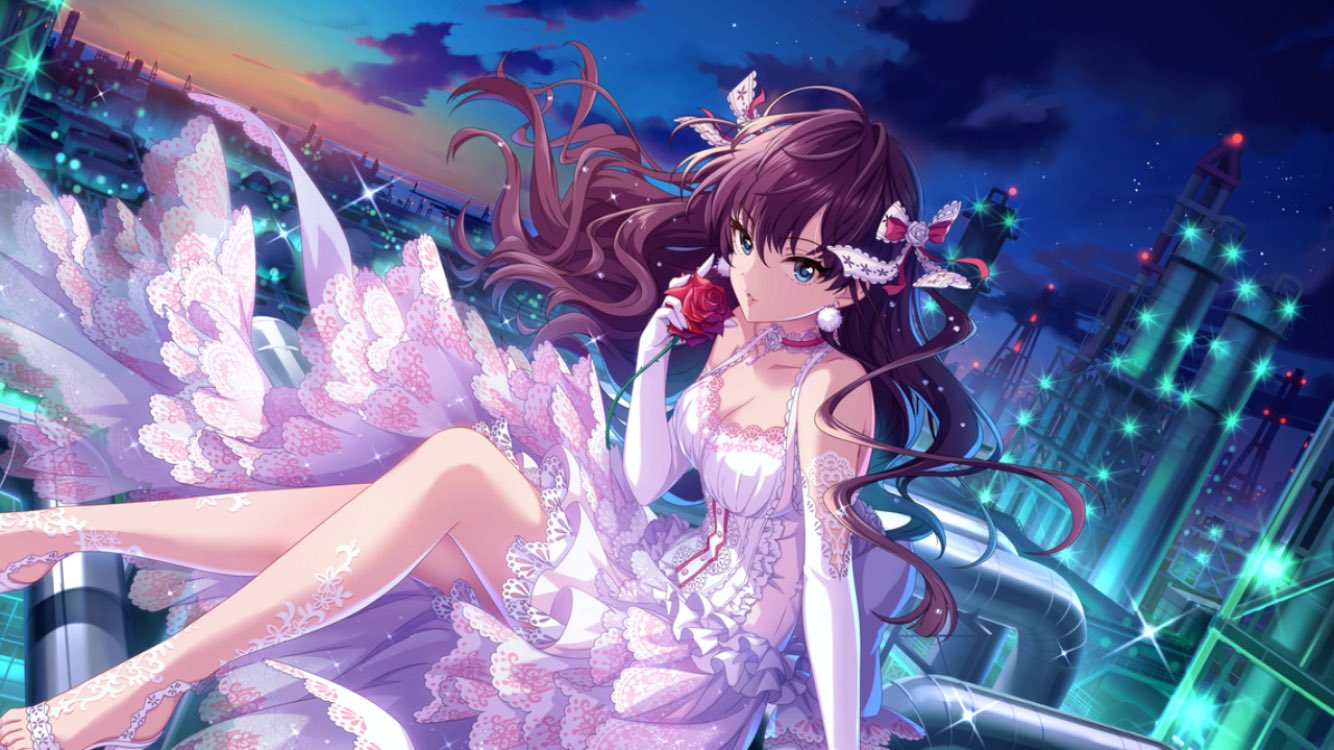 1girl bow brown_hair choker clouds commentary_request dress dusk dutch_angle earrings elbow_gloves eyebrows_visible_through_hair flower gloves hair_bow ichinose_shiki idolmaster idolmaster_cinderella_girls jewelry lace lace-trimmed_dress lace-trimmed_legwear lights long_hair looking_at_viewer night night_sky nigou oil_refinery piping rose sitting sky solo star_(sky) white_dress