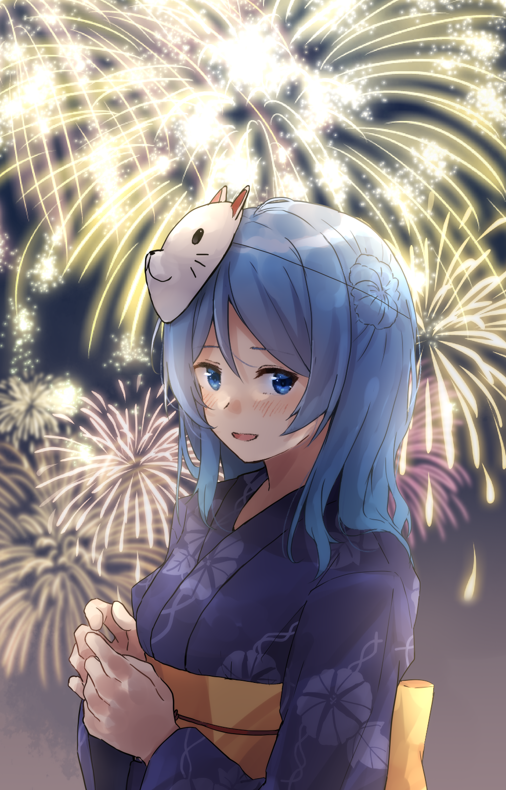 1girl blue_eyes blue_hair blue_kimono commentary double_bun fireworks fox_mask highres japanese_clothes kantai_collection kimono looking_at_viewer mask medium_hair night obi official_alternate_costume outdoors sash smile solo u_yuz_xx urakaze_(kantai_collection) yukata