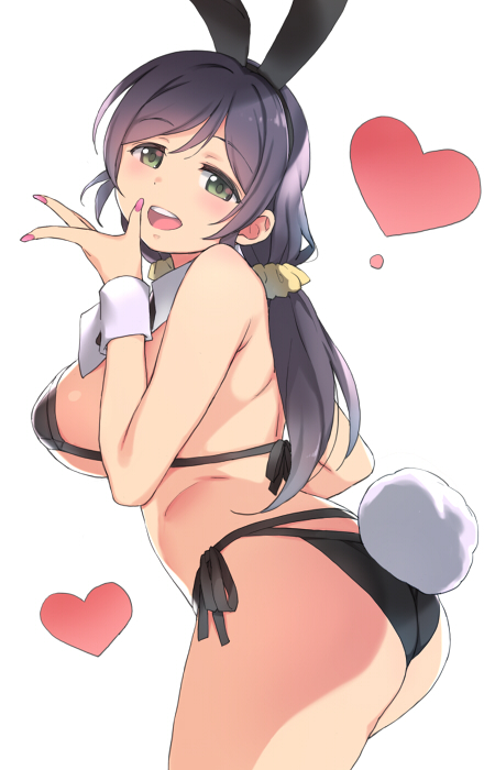 1girl :d animal_ears ass bikini black_bikini breasts bunny_tail deyuuku fake_animal_ears fake_tail hair_ornament hair_scrunchie heart large_breasts long_hair looking_at_viewer love_live! love_live!_school_idol_project low_twintails nail_polish open_mouth purple_hair rabbit_ears red_nails scrunchie simple_background smile solo swimsuit tail toujou_nozomi twintails white_background yellow_scrunchie