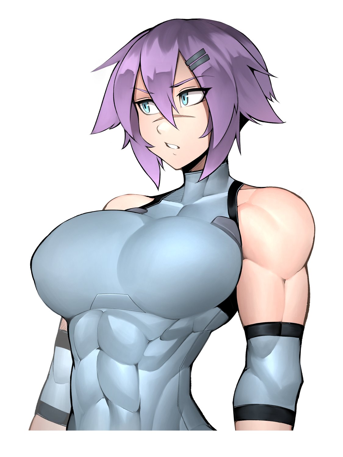 1girl abs bare_shoulders blue_eyes breasts commentary covered_collarbone english_commentary eyebrows_visible_through_hair hair_between_eyes hair_ornament hairclip highres large_breasts muscle muscular_female original purple_hair rd_rn00 scar shirt short_hair simple_background solo standing tight_shirt upper_body white_background