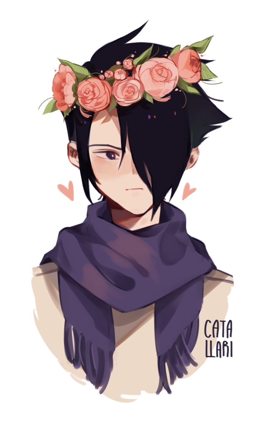 1boy artist_name bangs black_hair blush brown_eyes closed_mouth flower hair_over_one_eye heart highres looking_at_viewer male_focus pink_flower pink_rose purple_scarf ray_(yakusoku_no_neverland) ri_(catallarii) rose scarf short_hair simple_background solo upper_body white_background wreath yakusoku_no_neverland