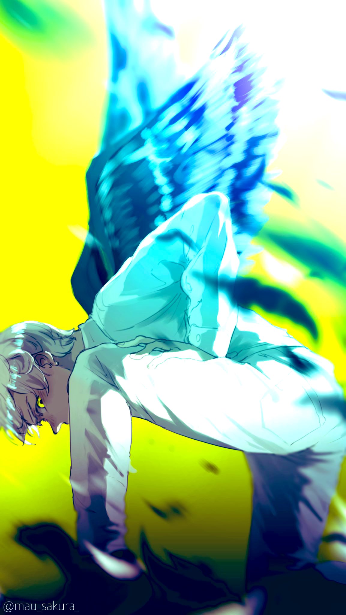 arm_support bangs bent_over bird_wings blood covered_mouth english_commentary feathered_wings feathers feet_out_of_frame glowing glowing_eyes highres long_sleeves looking_at_viewer male_focus mao_(pixiv_id_21075262) motion_blur norman_(yakusoku_no_neverland) one_knee pants profile shirt solo tears white_hair white_shirt wings yakusoku_no_neverland yellow_background yellow_eyes