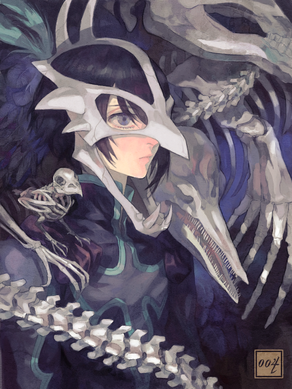 1boy animal_skull black_hair bone drawr judas_(tales) male_focus mask nishihara_isao oekaki photoshop_(medium) short_hair skeleton skull skull_on_head solo spine surreal tales_of_(series) tales_of_destiny_2 violet_eyes