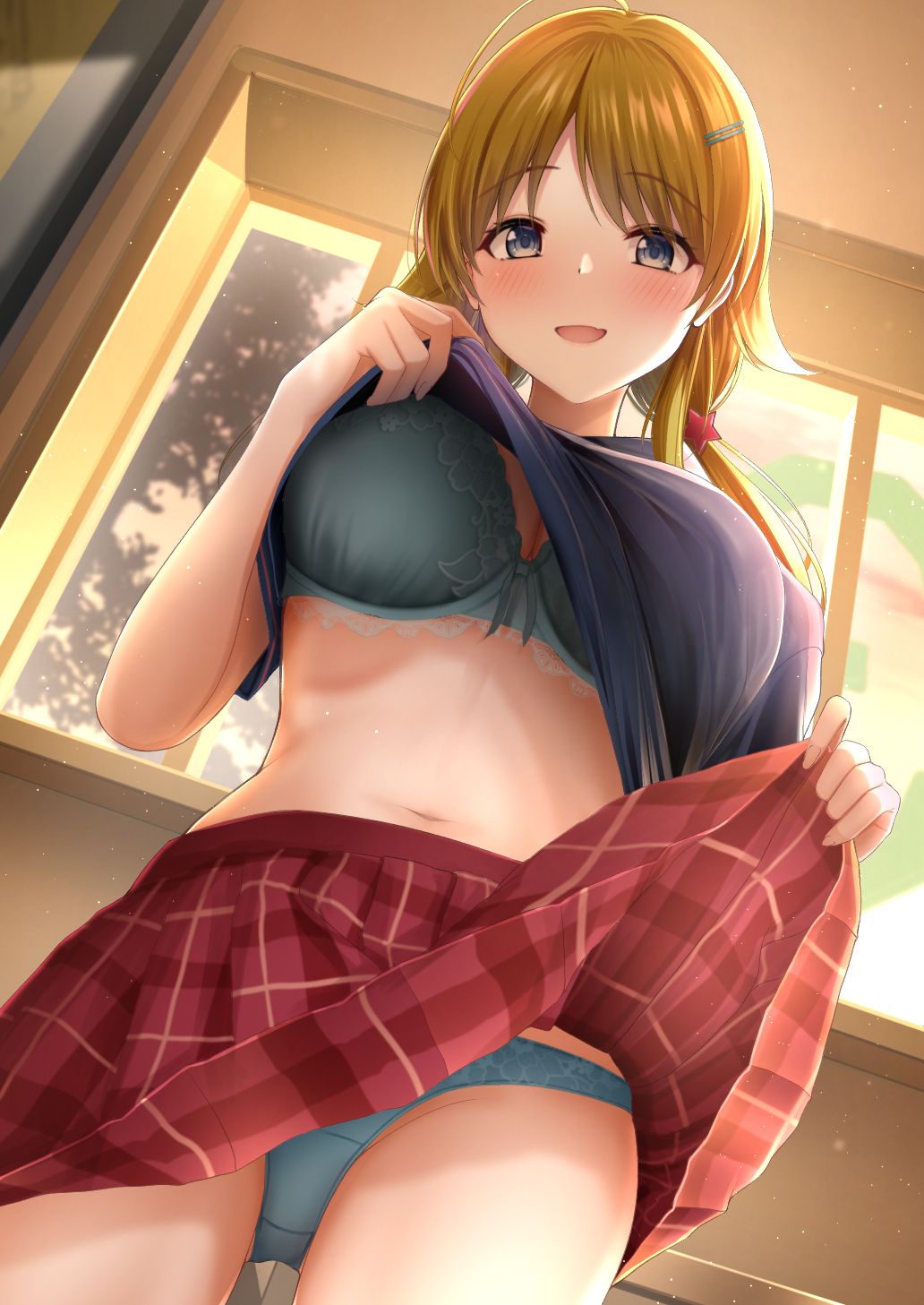 1girl ahoge bangs blonde_hair blue_eyes blue_shirt blush bra breasts eyebrows_visible_through_hair hachimiya_meguru hair_ornament hairclip highres idolmaster idolmaster_shiny_colors karu_(qqqtyann) large_breasts lifted_by_self long_hair looking_at_viewer low_twintails miniskirt navel open_mouth panties plaid plaid_skirt pleated_skirt polo_shirt school_uniform shirt shirt_lift skirt skirt_lift smile solo twintails underwear