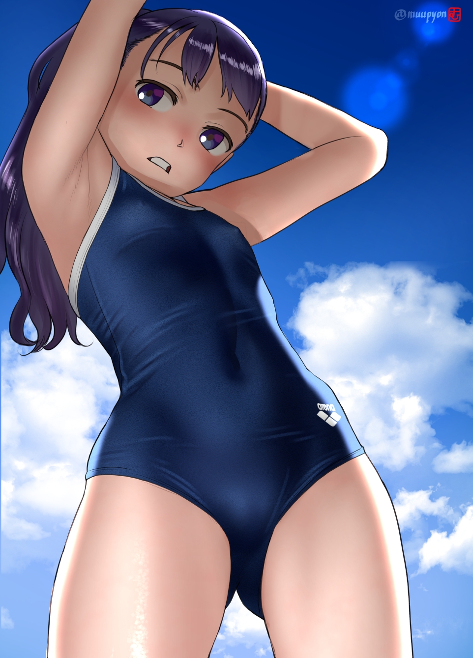 1girl arena_(company) armpits arms_up ass_visible_through_thighs blue_sky breasts clouds competition_school_swimsuit covered_navel cowboy_shot eyebrows_visible_through_hair from_below groin highres long_hair looking_at_viewer mu-pyon one-piece_swimsuit open_mouth original outdoors purple_hair sky small_breasts solo swimsuit violet_eyes
