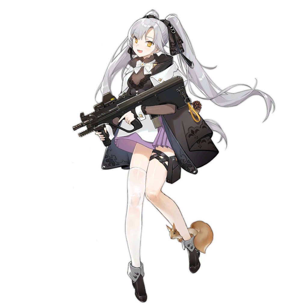 1girl assault_rifle aug_para black_footwear bow bowtie breasts bullpup character_request dress eyebrows_visible_through_hair girls_frontline gun hair_ribbon holding holding_weapon jacket leg_holster long_hair looking_at_viewer multicolored multicolored_clothes multicolored_dress multicolored_jacket open_eyes open_mouth ribbon rifle shoes silver_hair single_thighhigh smile smile_(mm-l) solo squirrel steyr_aug thigh-highs twintails weapon white_background white_legwear white_neckwear yellow_eyes