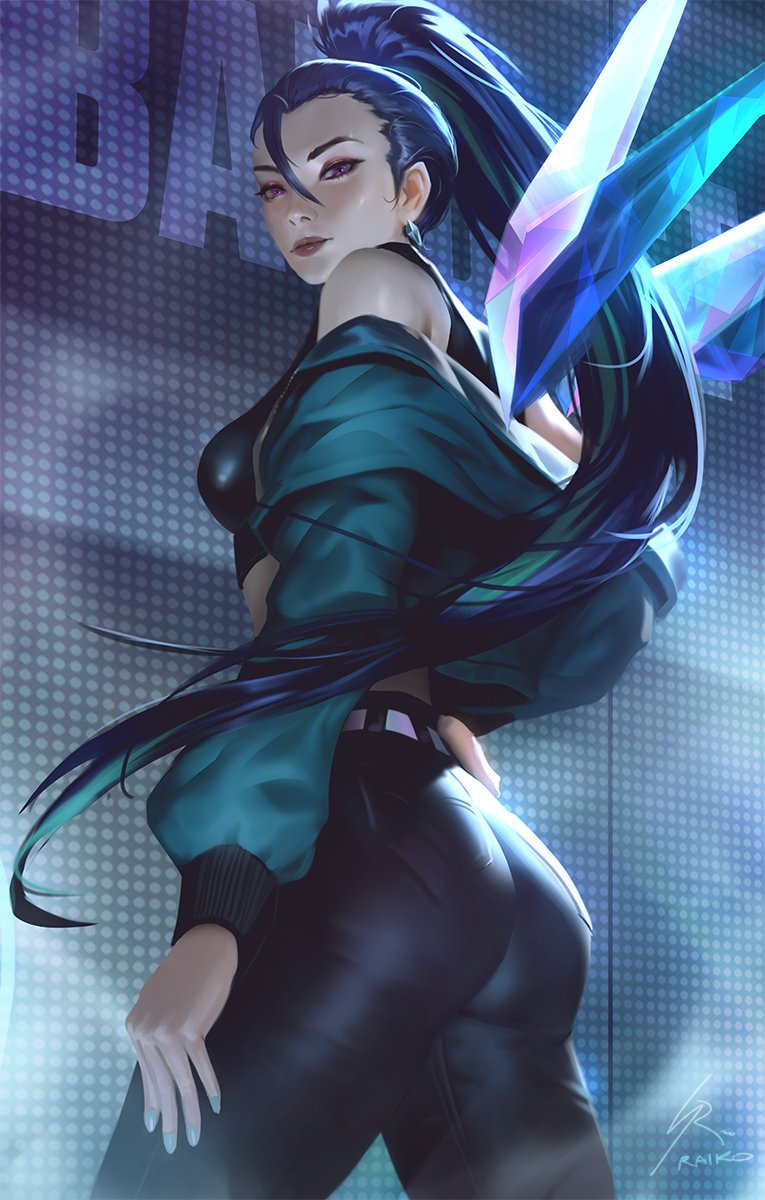 1girl ass bare_shoulders black_hair cowboy_shot earrings from_behind hair_between_eyes halter_top halterneck high_ponytail highres jacket jewelry k/da_(league_of_legends) kai'sa league_of_legends leather leather_pants lips long_hair looking_at_viewer off-shoulder_jacket open_clothes open_jacket pants ponytail raikoart signature solo the_baddest_kai'sa violet_eyes