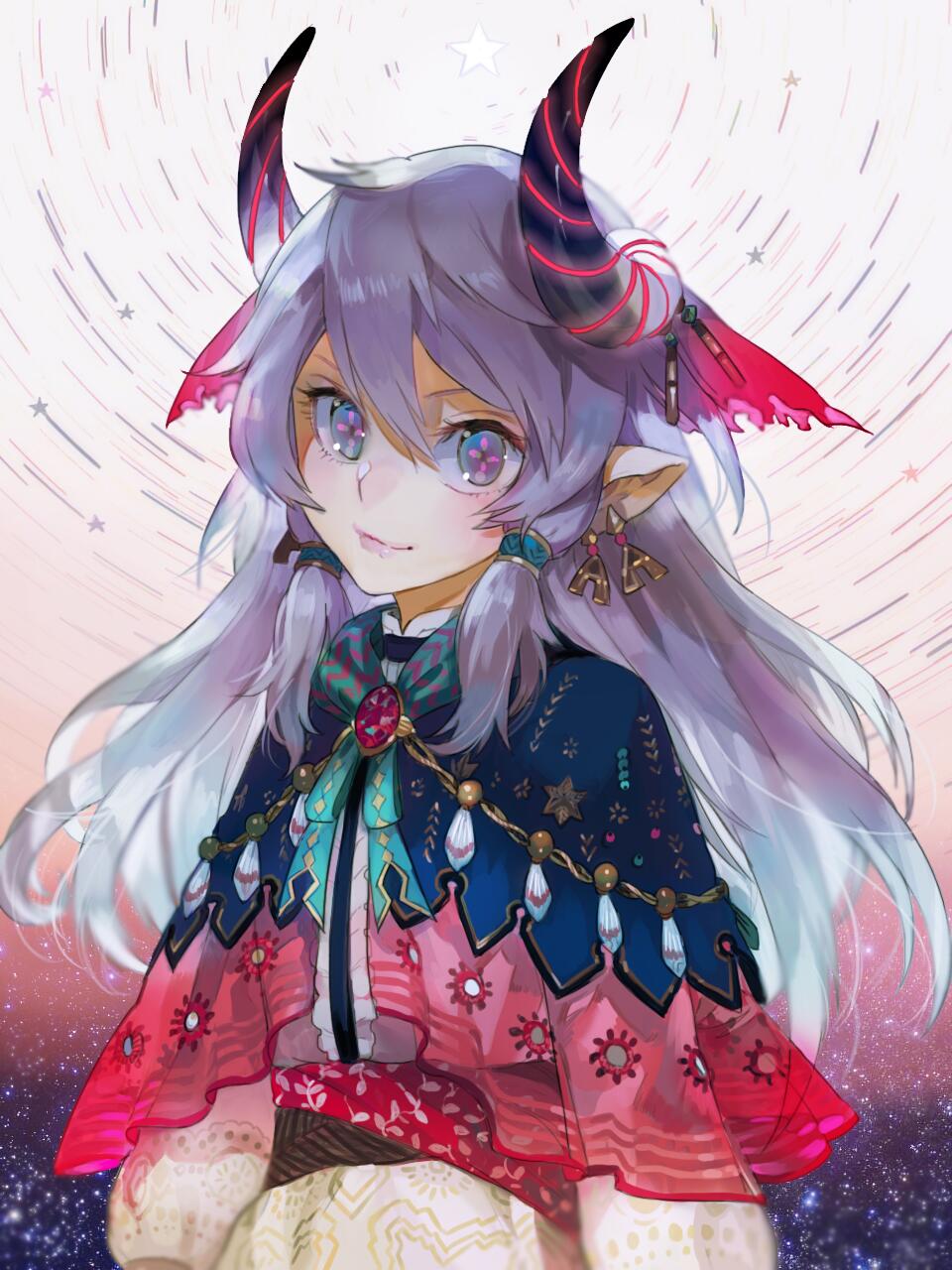 1girl blue_eyes blue_hair borrowed_character earrings eyelashes flower-shaped_pupils glowing_horns gradient_hair head_tilt highres horn_ornament horns jewelry lips long_hair looking_at_viewer multicolored multicolored_eyes multicolored_hair multiple_earrings nishihara_isao original pink_eyes pointy_ears purple_hair see-through silver_hair smile solo star_(symbol) symbol-shaped_pupils