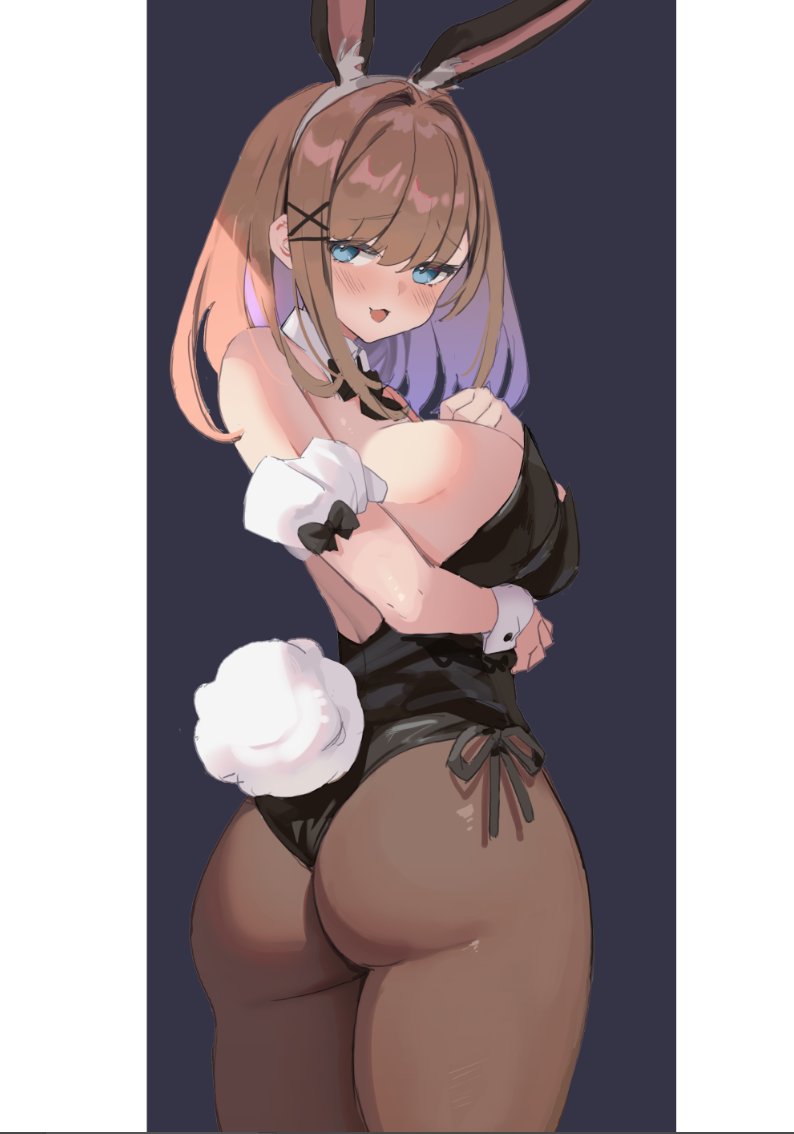 1girl alternate_costume animal_ears arm_cuffs ass black_background black_leotard black_neckwear blue_eyes blush bow bowtie breasts brown_hair brown_legwear bunny_tail bunnysuit colored_inner_hair commentary cowboy_shot detached_collar eyebrows_visible_through_hair fake_animal_ears fake_tail hair_between_eyes hair_ornament hairband hand_on_own_chest large_breasts leotard looking_at_viewer medium_hair multicolored_hair nijisanji open_mouth pantyhose purple_hair rabbit_ears seinen sideboob simple_background smile solo suzuhara_lulu tail twisted_torso two-tone_background two-tone_hair virtual_youtuber wrist_cuffs x_hair_ornament